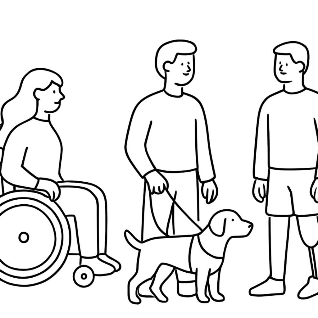 Imagem de desenho de fundo branco com linhas simples pretas. À esquerda de lado uma mulher na cadeira de rodas, olhando para a direita. Ao seu lado, no centro um homem em pé com um cão guia, olhado para a direita. À direita um homem em pé, com uma protese em uma das pernas, virado para à esquerda.